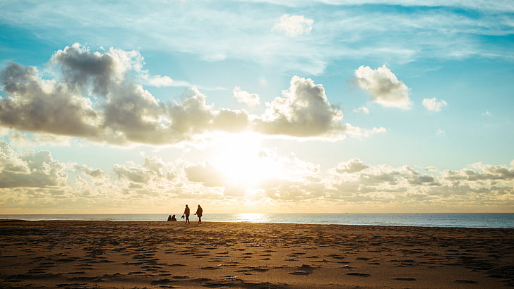 silhueta, dois, pessoas, em pé, perto de, Costa, mar