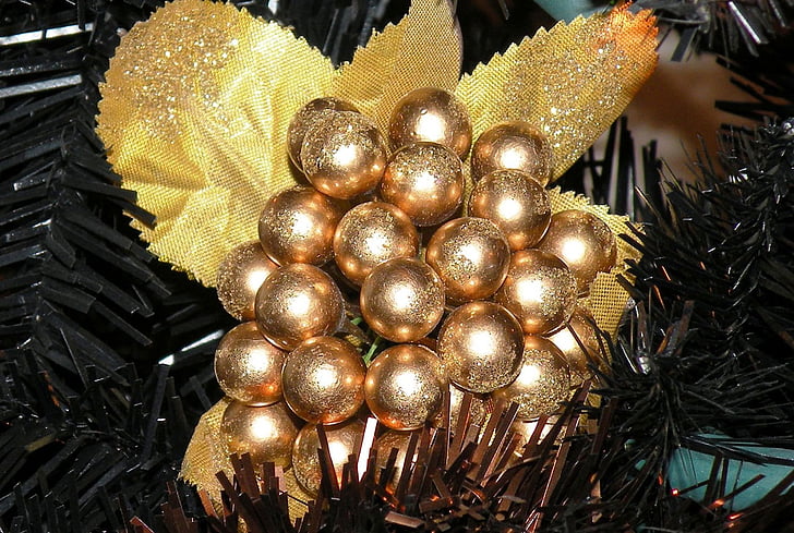 decoratieve, ornamenten, decoraties, Kerst, Gouden, ballen, Bladeren