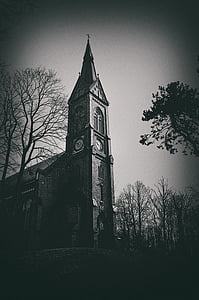 회색조, 사진, 콘크리트, 교회, 포위, 맨 손으로, 나무