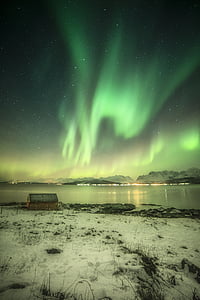 natt, norrsken, ljus, vinter, Norge, hus, havet