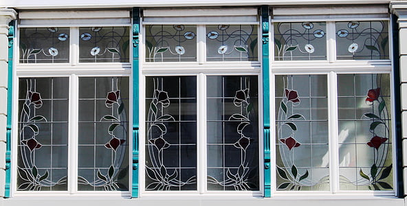 edifício, Art nouveau, janela, vidro, decorado, janela brotou, Cruz brotou