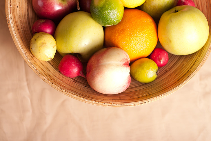 fruits, basket, pear, lemon, apple, radish, green