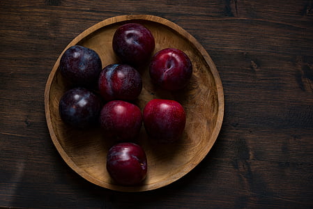 apple, red, fruits, wooden, plate, table, juicy