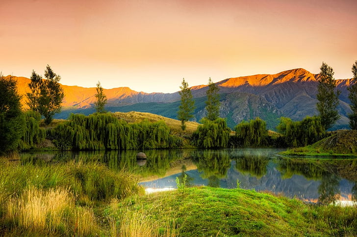 bendemeer estates, reflexos na água, nascer do sol, Nova Zelândia, montanhas, paisagem, natureza selvagem