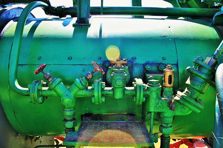 parný stroj, motor, parný, časť, Zelená, potrubie, meradlá
