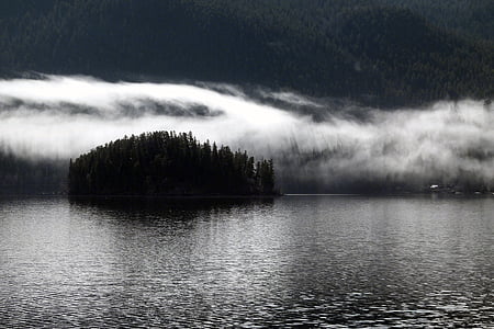 мъгливо, сутрин, езеро, остров, рано сутринта, природата, вода