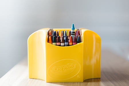 crayons, art, case, colorful, wooden, table, school