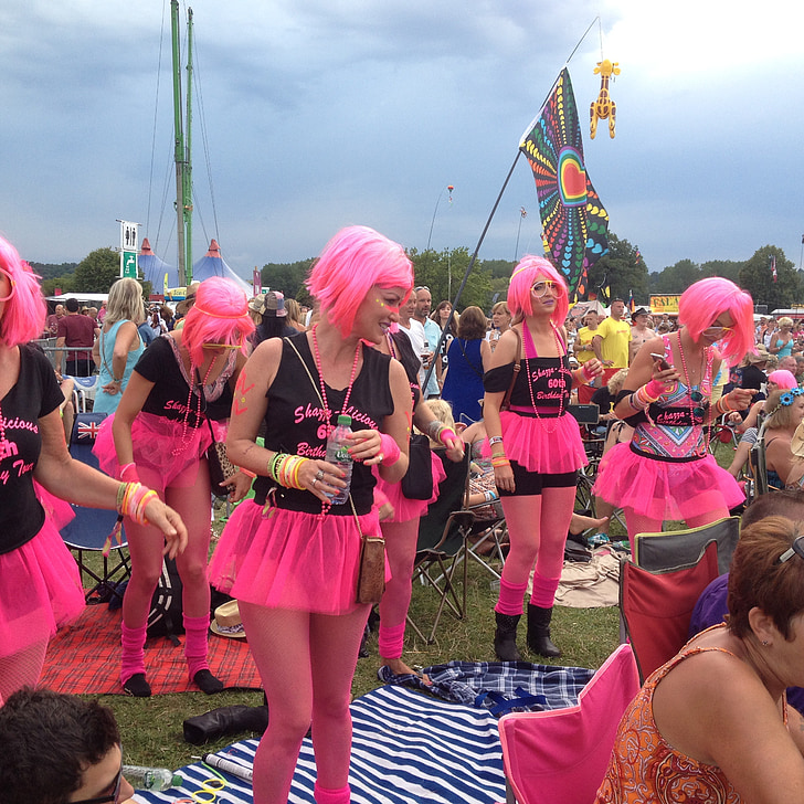 kostymer, jenter, parykker, rosa, festivalen, glad, kvinne