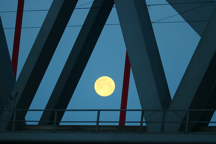moon, railway bridge, morning, technology, metal, full moon, close up