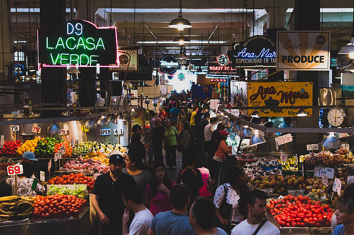 mercat, aliments, fruites, verdures, persones, multitud, ocupat