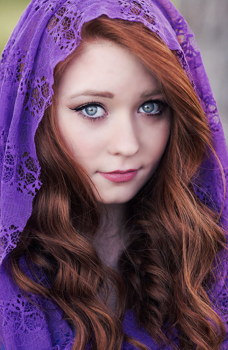 redhead, hair, scarf, eyes, face, portrait, woman