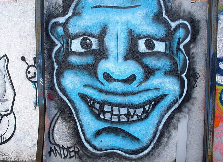 graffiti, face, blue, deusto, bilbao, art, artwork
