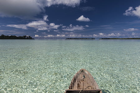 paisagem, Indonésia, Halmahera, Ilhas de WIDI, folha lisa, água rasa, barco