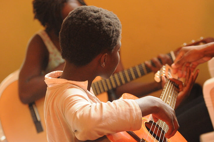 guitar, Afrika, sort, børn, læring, klasser, skole for musik