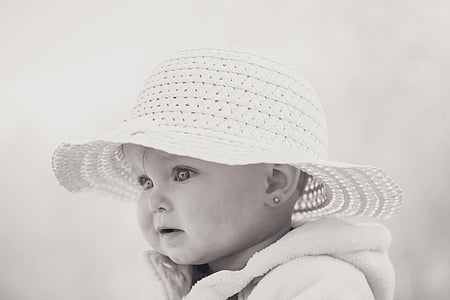 child, hat, black and white, outdoors