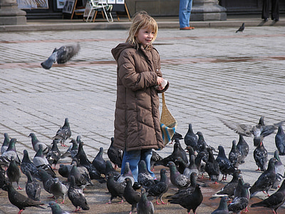 pigeons, space, girl, child, feed, birds, eat