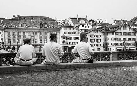 en blanc i negre, persones, tres, blanc i negre, arquitectura, vell, Panorama urbà
