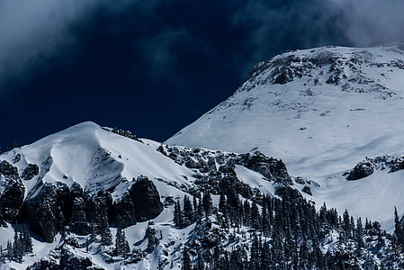 Foto, snö, Cap, Mountain, Rock, träd, Alpina berg