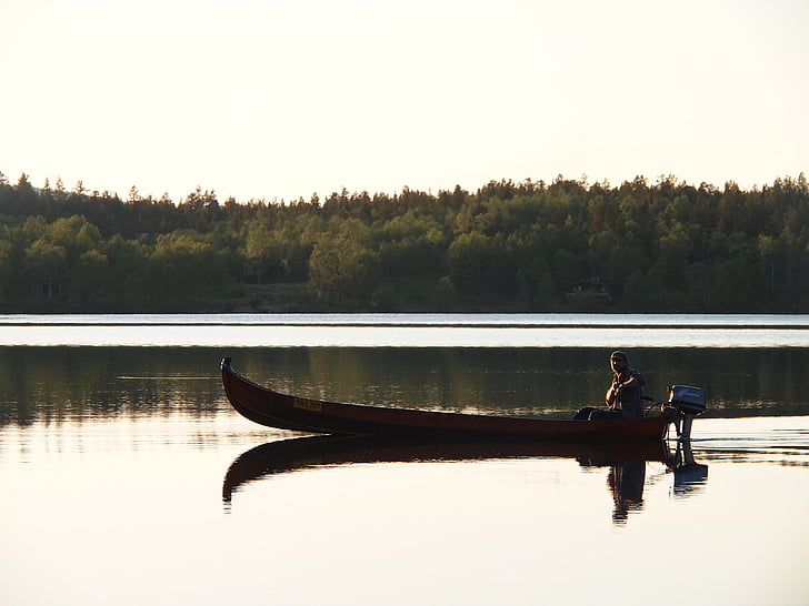 csónak, tó, víz, gyönyörű kilátással, nyári, Finnország, Midnight sun