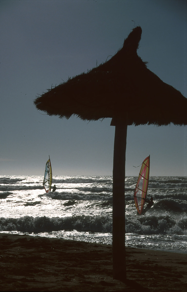 сърфист, залез, слама екран, море