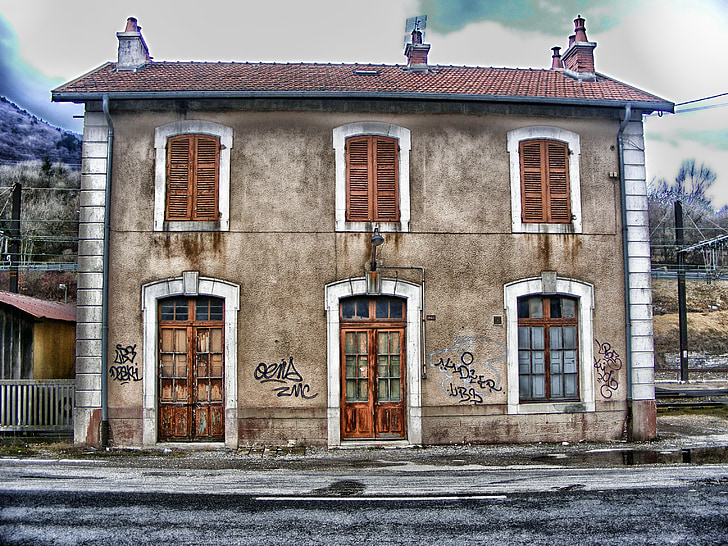 Collonges, Ain, Franciaország, épület, szerkezete, graffiti, HDR