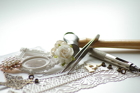 håndværk, scrapbooking, hvid, baggrund, smykker, bryllup, elegance