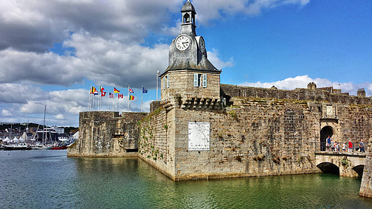 Bretagne-i, Concarneau, harangláb, Port, Finistère, csónak, falak