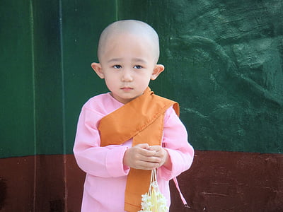 niño, Myanmar, Birmania, monje, dulce, recato, chica