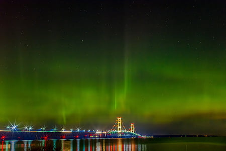 Mackinac mosta, polarna svjetlost, Michigan, svjetla, Aurora borealis, turizam, slikovit