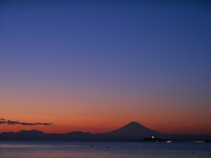ภูเขาไฟฟูจิ, ทไวไลท์, ทะเล, เอะโนะชิมะ, ตอนเย็น, ภูมิทัศน์, ญี่ปุ่น