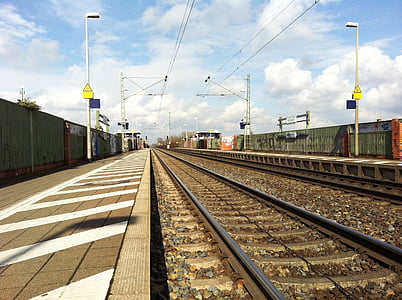 Trem, Estação, viagens, vazio, céu azul, transporte, cidade