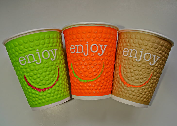 drinking cups, cardboard, smileys, coloured, colorful, joy, luck