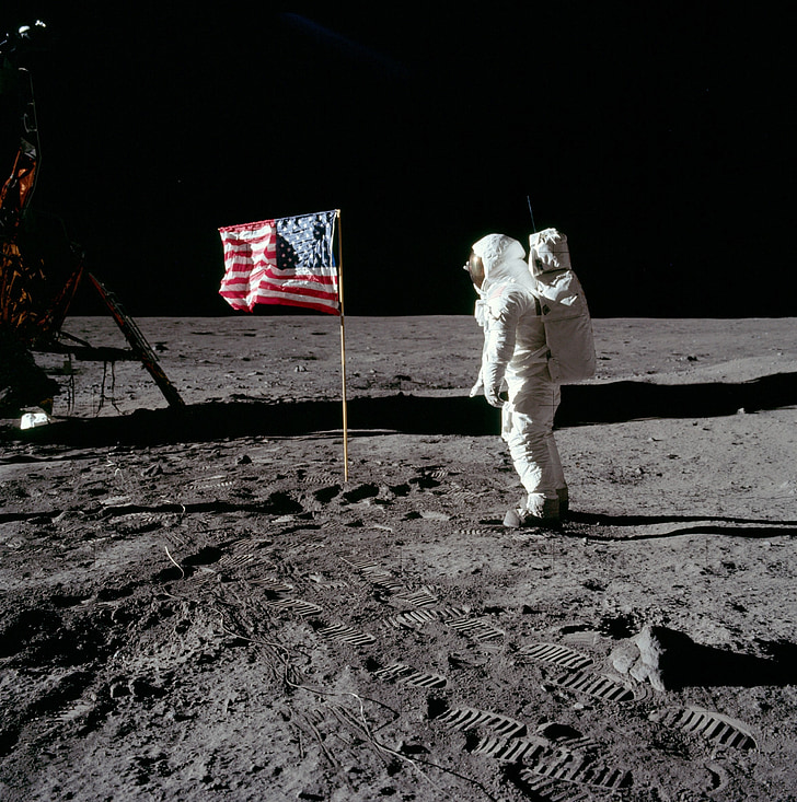 mjesecu, Buzz aldrin, Države, 1969, Zastava, svemirsko odijelo, mjesec šetnja