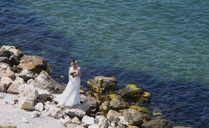 līgava, kāzas, balta, brīvdiena, jūra, krasta, akmeņi