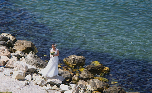 bride, wedding, white, holiday, sea, shore, rocks