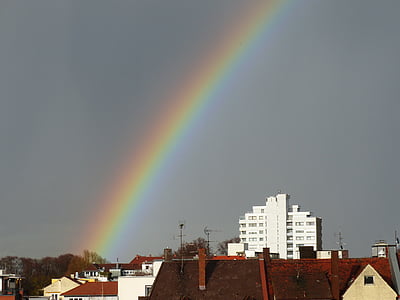 rainbow, weather phenomenon, sky, rain, city, homes, rainbow colors
