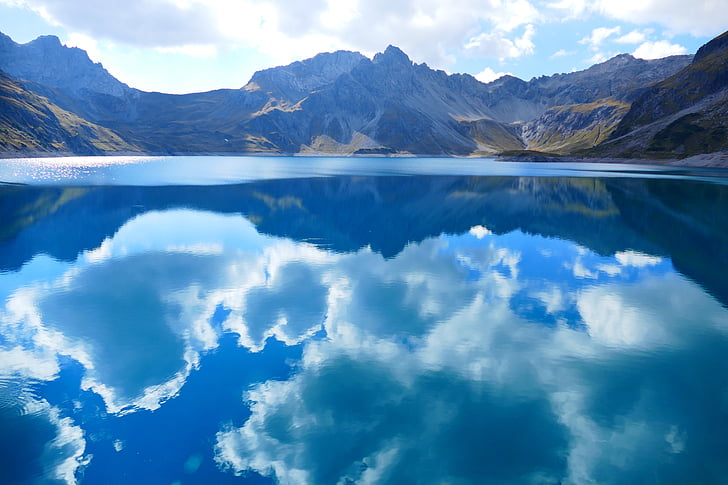 lüner jezero, mraky, zrcadlení, voda, obloha, modrá, jezero