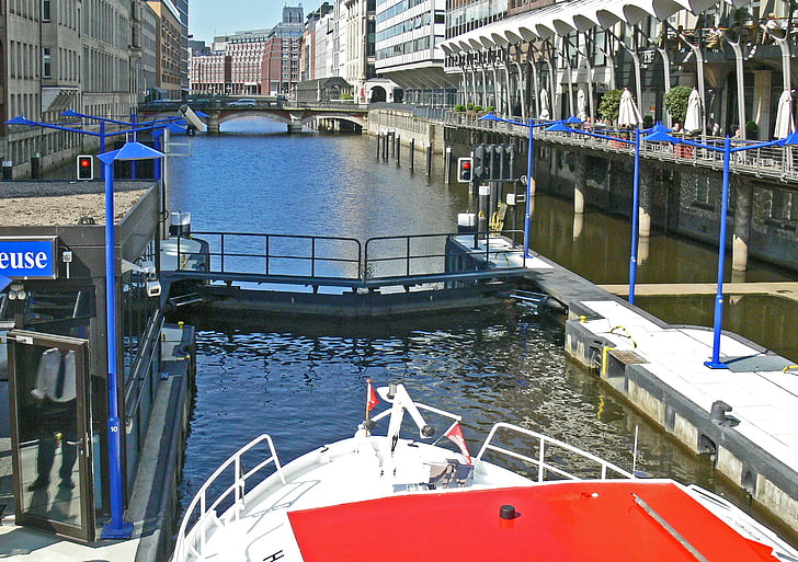 Hamburg, Alster, Belediye Binası kilit, yolcu gemisi, kilit, sette, gelgit