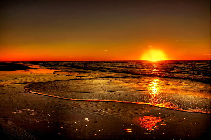 solnedgang, Danmark, sjøen, kysten, vann, kveldshimmelen, solen