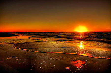 posta de sol, Dinamarca, Mar, Costa, l'aigua, cel de nit, sol