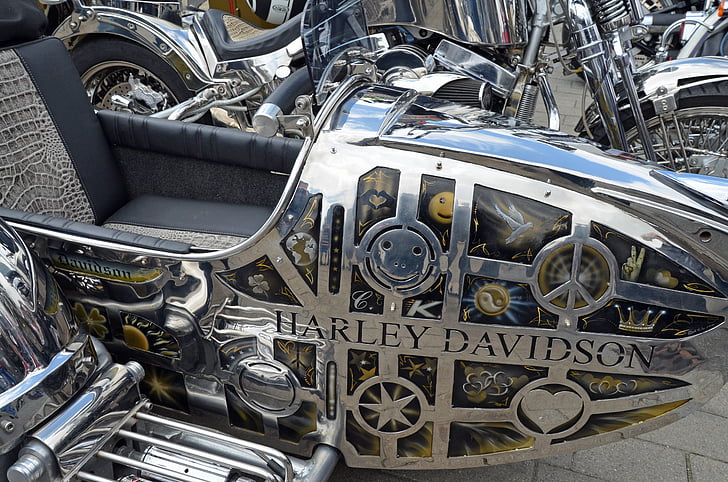 harley davidson, harley, motorcycle, two wheeled vehicle, sidecar, chrome, cult