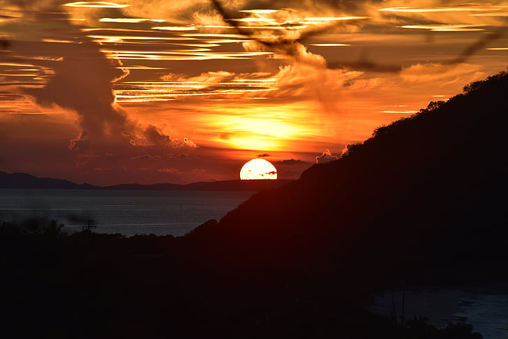 zachód słońca, Tortola, Karaiby, morze, krajobraz, Wieczorem, góry