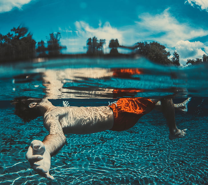 underwater, photography, man, floating, body, water, blue