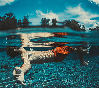 Underwater, fotografering, mannen, flytande, kroppen, vatten, blå