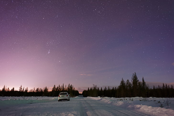 white, car, snow, road, starry, sky, cloud