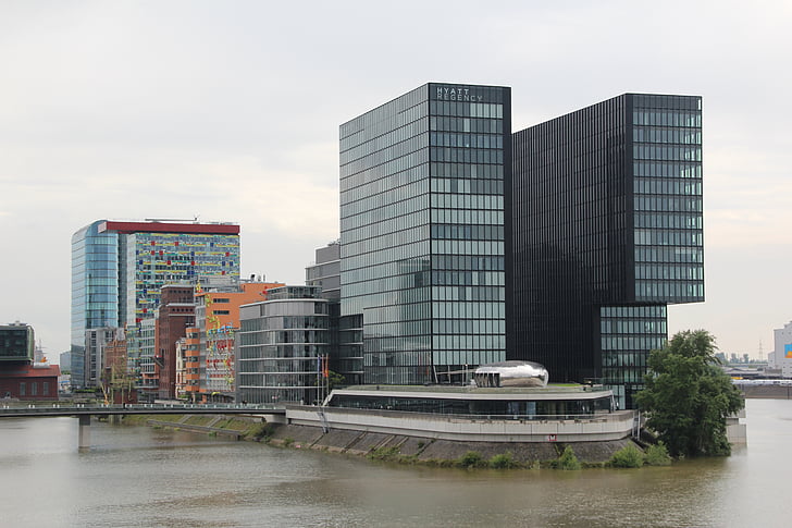 Düsseldorf, přístav, Architektura, budova, Media harbour, Rýn, moderní