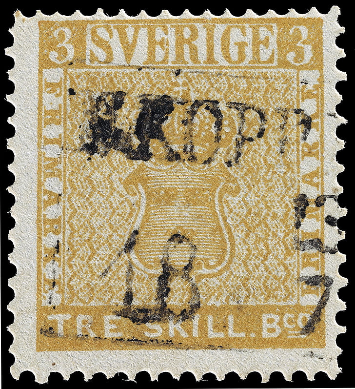 timbre, erreur de tre skilling banco, Suédois, trois, 3, 1855, précieuse