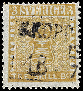stempel, Tre skilling banco fout, Zweeds, drie, 3, 1855, waardevolle