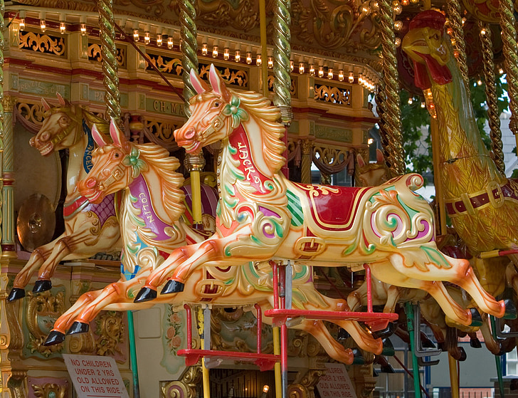 karusellen, hest, hester, fornøyelsesparken, Merry-Go-Round, Foto, bilde