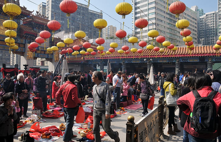 Kina, templet, kinesiska nyåret, be, lykta